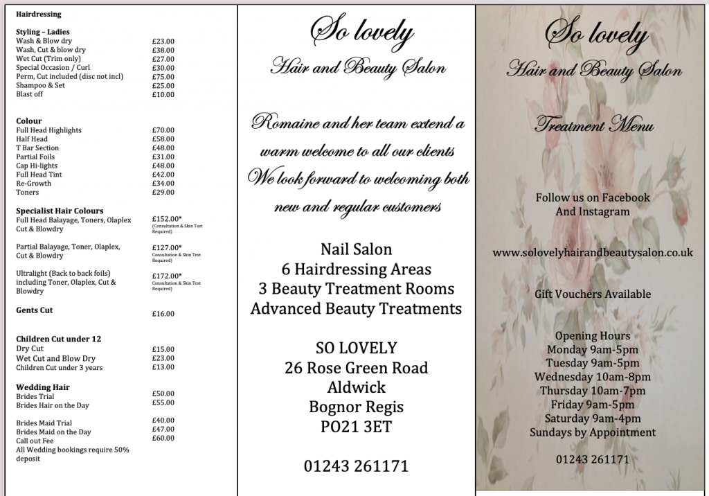 So Lovely Hair and Beauty Salon Price List